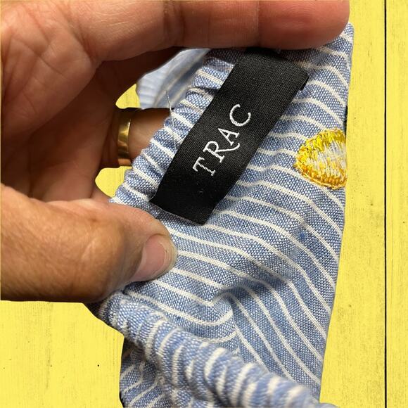 Trac Lemon Pinstripe Romper Large Summer Flare Embroidered Shorts Mini Ruffles - Picture 3 of 4